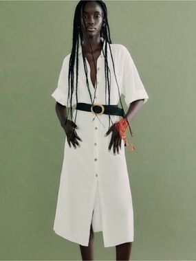 NWT Zara White Button-Front Midi Linen Blend Shirt Dress